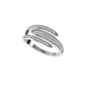 A multi-row curved silver ring featuring pavé-set small diamonds along its bands against a white background.