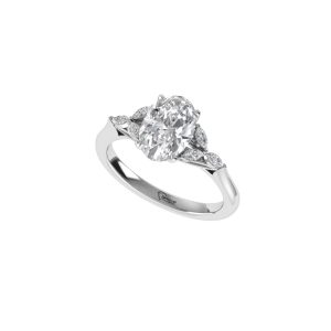 An oval-cut diamond ring featuring marquise side stones on a white metal band.