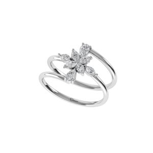 Double band ring featuring a floral cluster of marquise and pear cut diamonds set in polished metal against a white background.
