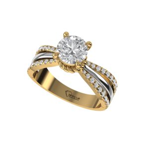 A gold and silver intertwined ring featuring a large round center diamond and smaller accent stones along the band.