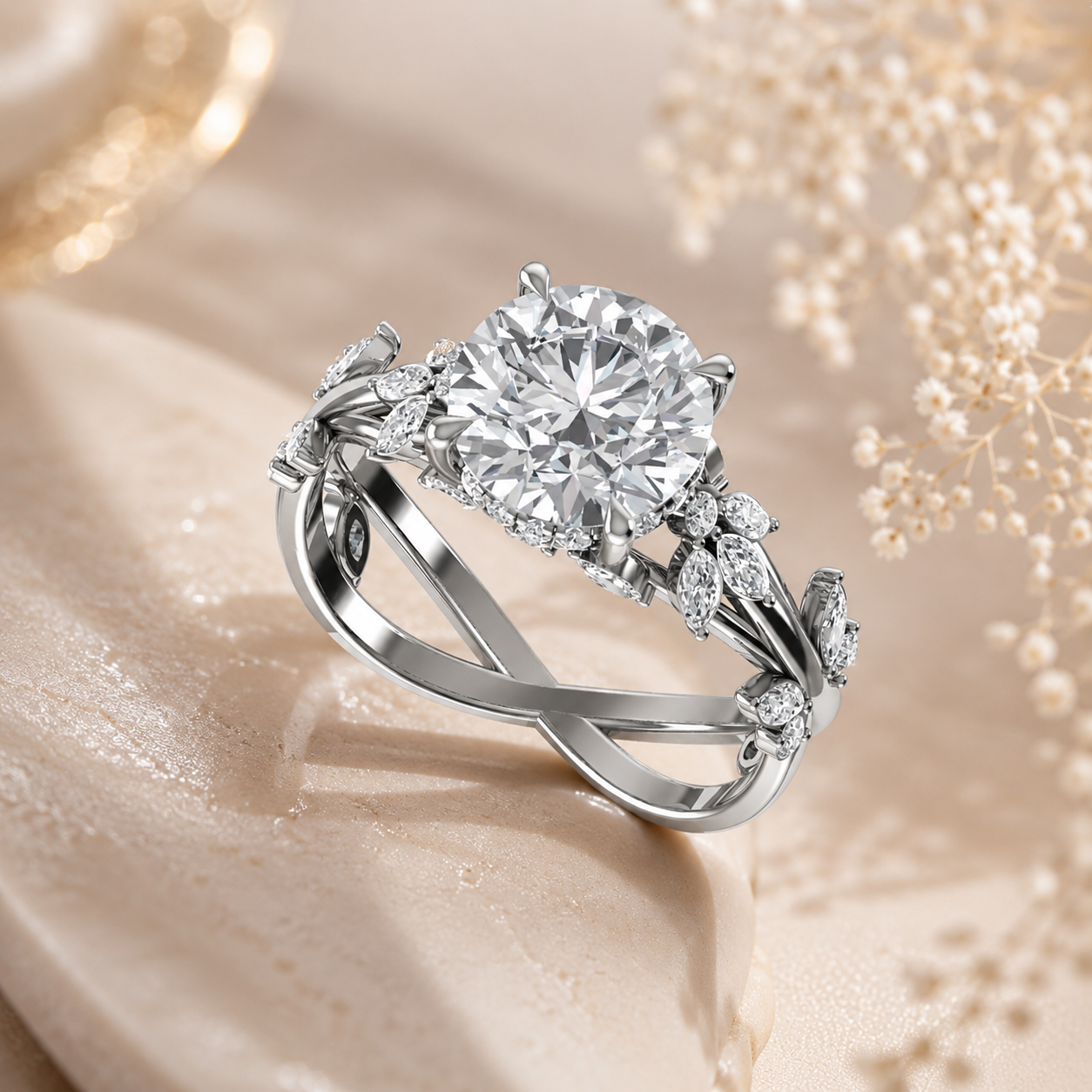 Eterna Bloom Lab Grown Diamond Engagement Ring featuring a round brilliant cut diamond with floral inspired setting
