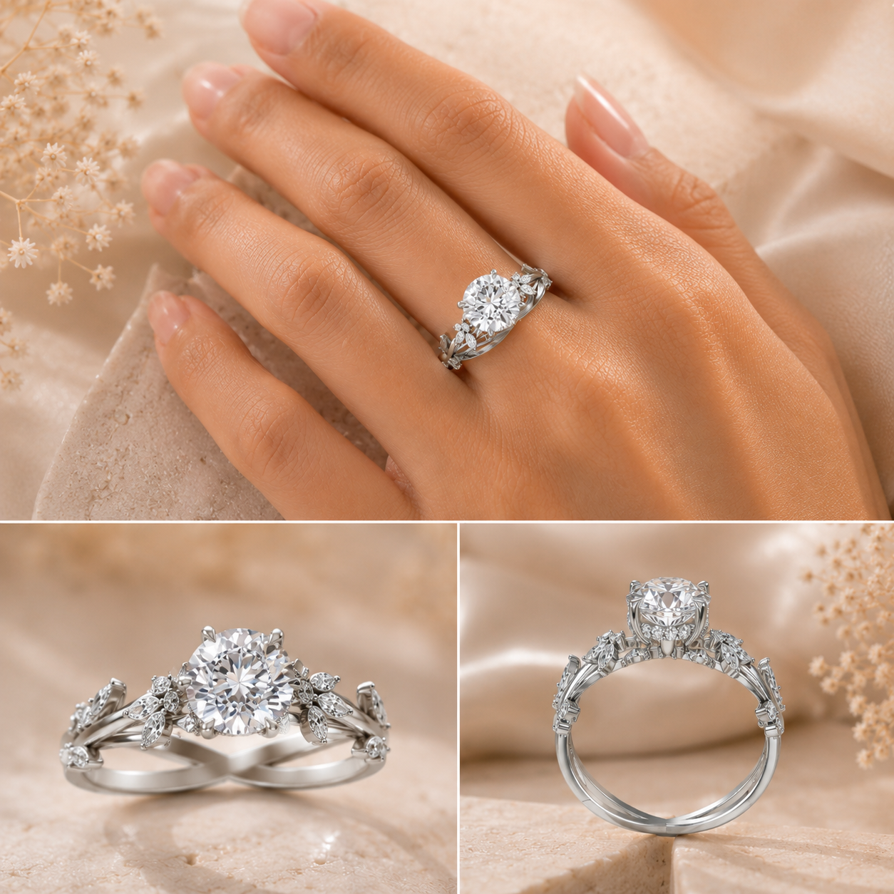 Eterna Bloom Lab Grown Diamond Engagement Ring worn on hand with round cut diamond and detailed front and side views